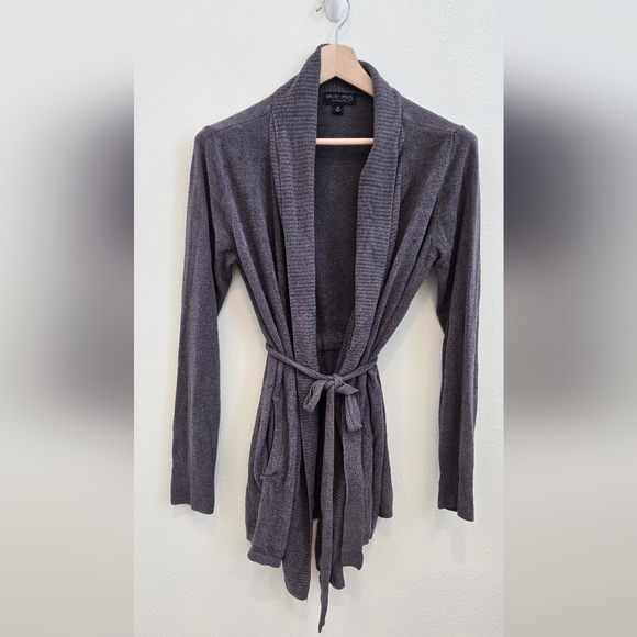 Barefoot Dreams Drape Rib Cozy Chic Ultra Lite Grey Belted Cardigan Medium - Picture 2 of 9